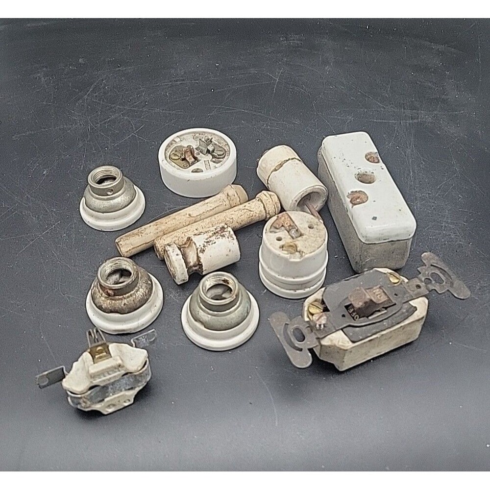 Lot- Antique White Porcelain Light Fan Lamp Electrical Part Arrow Littleton USA
